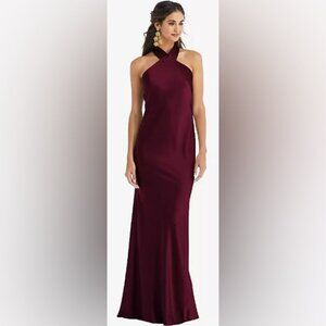 Lovely Women's Draped Twist Halter Tie-Back Trumpet Gown in Cabernet, Size Med